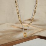 Stainless Steel Gold-Plated Ring Pendant Natural Stone Handmade Beaded Double-Layer Necklace Ornament Women