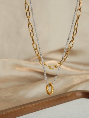 Stainless Steel Gold-Plated Ring Pendant Natural Stone Handmade Beaded Double-Layer Necklace Ornament Women