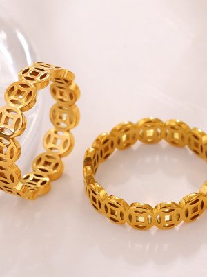 Golden Hollow Copper Coin Ring 18K Gold Light Luxury Design Advanced All-Match Twin Ring