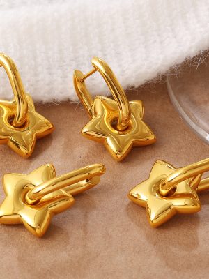 Sweet Cool All-Match Golden Pentagram Earrings Stainless Steel Plated 18K Gold and Daylight Color Regular Earrings