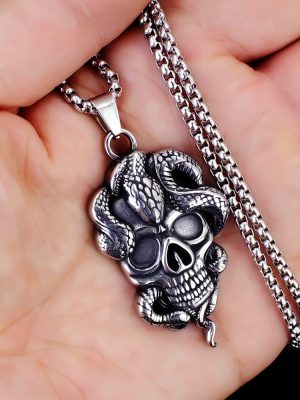 Ornament Personalized Punk Snake round Skull Men's Hip Hop Stainless Steel Pendant Necklace Long