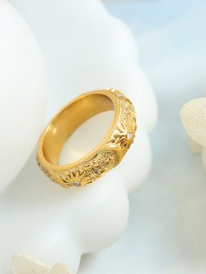 Retro Design Court Inlaid Zircon Embossed Sun Moon Ring Stainless Steel Plated 18K Gold Male Women's Ring