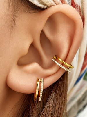 Stainless Steel Gold-Plated Micro Inlaid Zircon Double-Layer Earrings Women's All-Match Light Luxury Ornament Non-Piercing Ear Clip