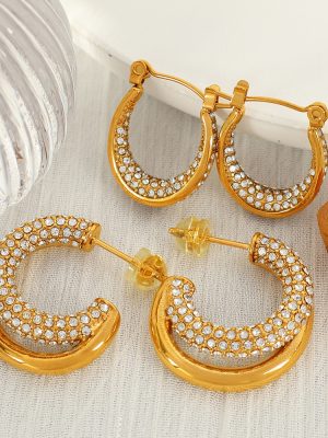 Mid-Ancient Temperament Inlaid Zirconium Diamond Geometric C- Shaped Personalized Ear Studs Light Luxury Female Full Diamond Earrings