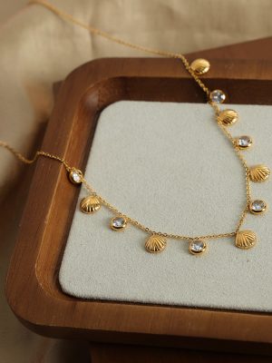 New Vacation Stainless Steel Gold-Plated Shell Zircon Pendant Clavicle Chain Necklace All-Match Jewelry