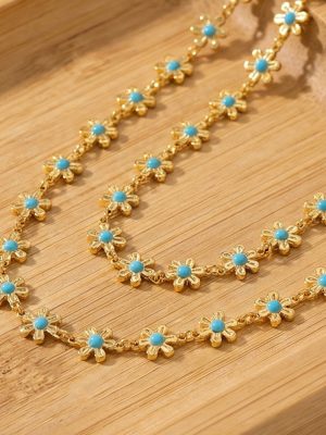 Super Fairy Blue Oil Dripping Small Flower Stitching Necklace Stainless Steel 18K Gold Plating Partysu Temperamental Necklace