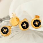 French Retro Artistic Lace Disc Eccentric Black Dripping Oil Eight-Pointed Stars Simple Stainless Steel Gold-Plated Stud Earring