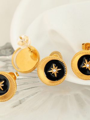 French Retro Artistic Lace Disc Eccentric Black Dripping Oil Eight-Pointed Stars Simple Stainless Steel Gold-Plated Stud Earring