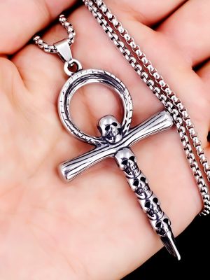 2026 Stainless Steel Cross-Shaped Pendant Personality Punk Necklace Men's Fashionable Retro Skull