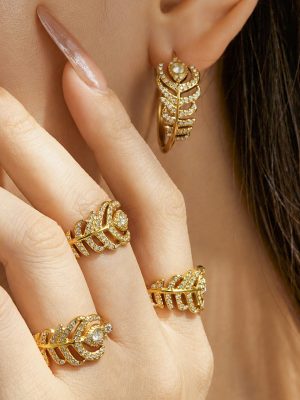 Light Luxury Feather Zircon Ring Stainless Steel Gold Plated Female Accessories Personality Trendy Earrings Set