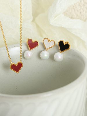 French Love Pendant Necklace Bracelet Peach Heart Stud Earring Micro Glass Bead Stainless Steel 18K Gold Non-Fading Elegant Jewelry Women
