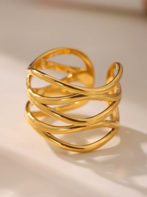 Hollow Line Open Ring Stainless Steel PVD Electroplating 18K Real Gold Color Retention Index Finger Ring Fashion Design