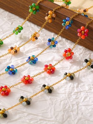 Bohemian Beaded Necklace Bracelet Foot Worker Girl Small Flower Micro Glass Bead Stainless Steel Bracelet Jewelry Set