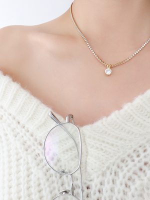 Light Luxury Full Diamond Zircon Chain Single Diamond Pendant Necklace Micro Inlaid Craft Stainless Steel Plated 18K Real Gold