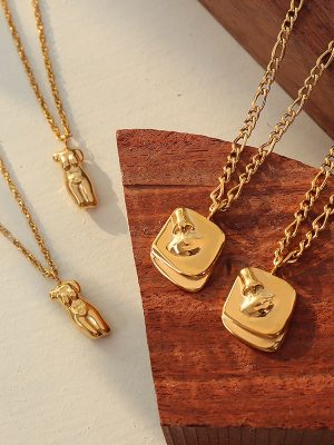 Portrait Figure Square Plate Pendant Necklace Detachable Jewelry Stainless Steel Plated 18K Real Gold Twin Personality Fashion