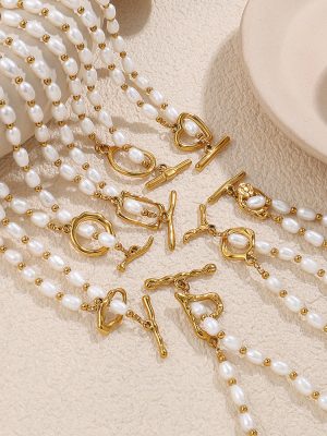 New Stainless Steel Freshwater Pearl OT Buckle Necklace, Bracelet Set Simple 18K Gold Plated