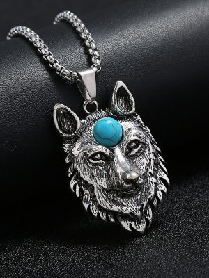 Ornament Personality Punk Vintage Stainless Steel Animal Wolf Head Eyeball Pendant Hip Hop Men's Necklace