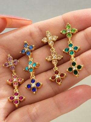 Shining Four-Leaf Flower Color Zircon Stainless Steel 18K Simple Jewelry Earrings Bracelet and Necklace Set