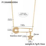 color: P1306-Gold Five-pointed Star Paperclip Zircon Necklace 43+5cm