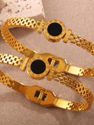 All-Match Exquisite Wrist Decorator Personality Affordable Luxury Gold Roman Numeral Black Surface Decorative Button Bracelet