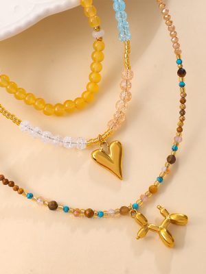 Natural Stone Beaded Clavicle Chain Gentle Refined Grace Crystal Color Matching Love Puppy Pendant Twin Necklace