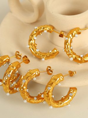Concave-Convex Diamond C- Shaped Ear Ring Stainless Steel Plated 18K Golden Ear Retro Advanced Personalized Ear Jewelry