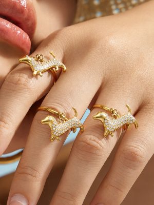 Female Accessories Stainless Steel Plated 18K Gold Inlaid Zircon Puppy Pendant Necklace Ring Set