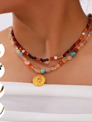 British Retro Simple Stylish Ornament Agate Stone Tigereye Handmade Beaded Design Stainless Steel Necklace
