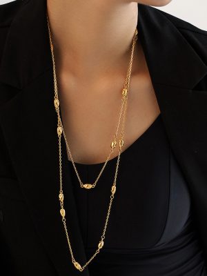 Golden Double Layer Clip Beads Sweater Chain Elegant High-End Entry Lux Stainless Steel Twin Long Autumn and Winter Necklace