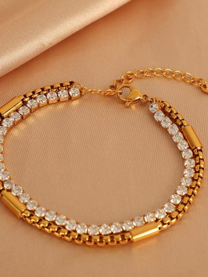 Punk Creative Hip Hop Versatile Diamond-Embedded Multi-Layer Twin Stainless Steel Chain Hand Jewelry Women