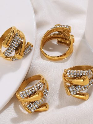 Irregular with Personality Geometric Rhinestone-Encrusted Ring Female Ins Light Luxury Stainless Steel Ornament