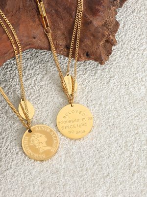 Simple Personalized Cold Style Geometric Stainless Steel round Board Double Layer Twin Design OT Buckle Necklace