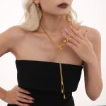 color: M053-Gold Drop Slide Clasp Sweater Chain