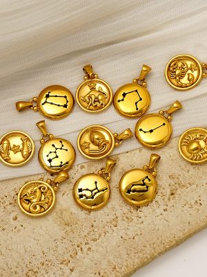 Stainless Steel Personality Twelve Constellation 18K Gold Pendant Bracelet Necklace Accessories DIY Ornament