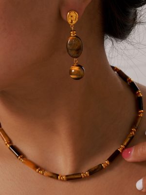 Maillard Retro Temperament Elegant Accessories Tigereye Beaded Design Stainless Steel Gold-Plated Jewelry Suit