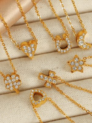 Exquisite Women's Four-Leaf Clover Necklace Stainless Steel Cross Shelf Geometric Shape Diamond Inlaid Clavicle Chain Flower Love Heart