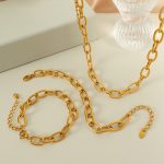 Simple Jewelry Set 18K Gold Plated Oval Embossed Handmade Necklace Bracelet Daily Matching