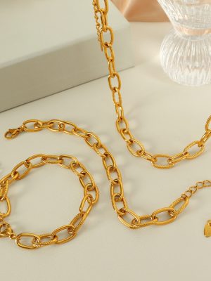 Simple Jewelry Set 18K Gold Plated Oval Embossed Handmade Necklace Bracelet Daily Matching