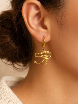 Gold stainless steel Horus eye pendant earrings, retro affordable luxury ornament.