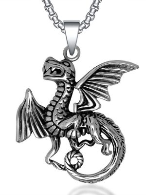 Vintage Men's Stainless Steel Necklace Pendant Trendy Men's Domineering Steel Pendant Wings Flying Dragon Pendant
