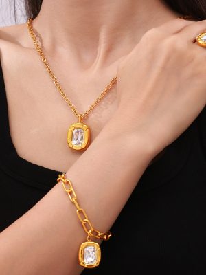 Light Luxury and Simplicity Cold Ornament Texture Oval Brand Diamond-Studded Design Stainless Steel Jewelry Set Batch
