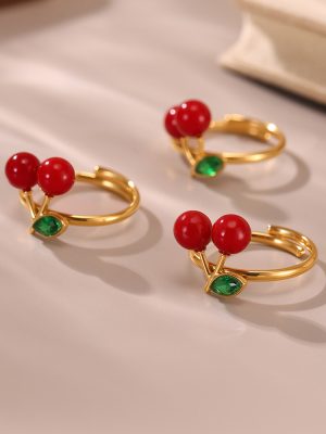 Cherry Rhinestone Resin Cherry Ring Fruit Ring Stainless Steel 18K Gold Small Sugar Cube Service
