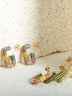 Commuter Personality Inlaid Multi Colors Czech Diamond Geometric G Design Dopamine Stainless Steel Earrings