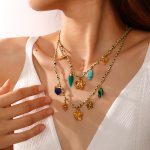 Yellow Green Braid Rope Multi-Element Necklace Diamond Cactus Four-Leaf Clover Pendant Jewelry Set