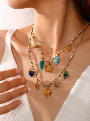 Yellow Green Braid Rope Multi-Element Necklace Diamond Cactus Four-Leaf Clover Pendant Jewelry Set