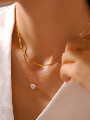Loving Heart Zircon Pendant Twin Clavicle Chain Female Simple Temperament Stainless Steel 18K Gold-Plated Necklace