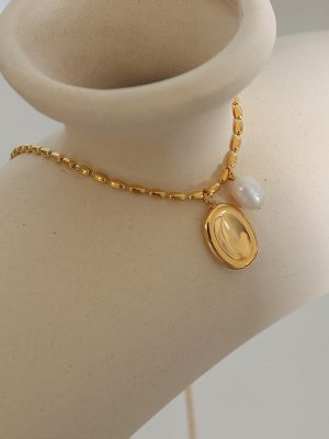 Stainless Steel Necklace Design Freshwater Pearl Oval Pendant All-Match Clavicle Chain Advanced