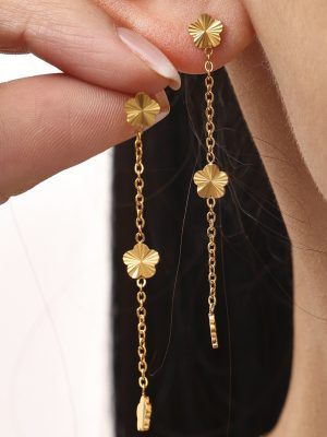 Little Flower Clavicle Chain Tassel Earrings Set Stainless Steel PVD Electroplated 18K Real Gold Temperament Jewelry