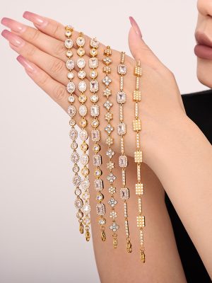 Stainless Steel Long Square Hand-Inlaid Super Flash Zircon High Version Bracelet Female Colorfast Plated Real Gold Ornament