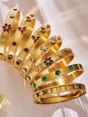 Stainless Steel Flower Zircon Ring Buckle Bracelet Court Gorgeous Inlaid Glass Stone Bracelet Spring and Summer New